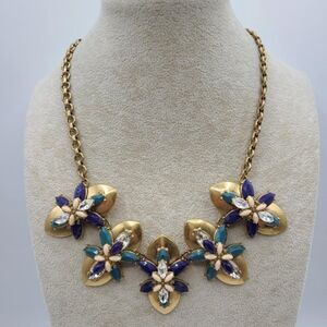 J Crew Vintage Gold Tone Blue Resin with Clear Crystal Statement Necklace